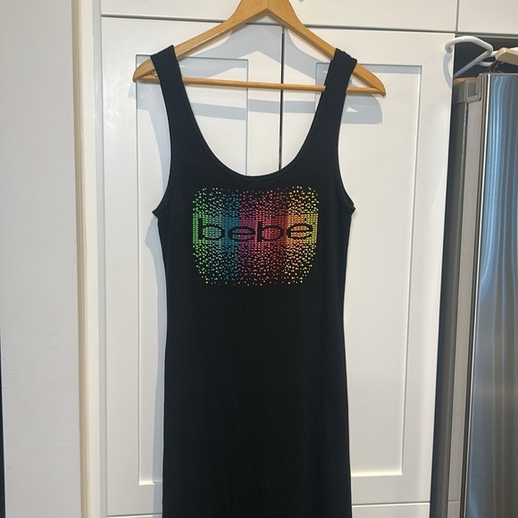 Bebe Black Tank Maxi Slit Dress Rainbow Rhinestone Logo Bodycon Y2K 90’s Size M - Picture 16 of 16